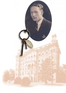 Robert Penn Warren’s Vanderbilt yearbook picture; the museum has Warren’s keys to his Vanderbilt room on display; Vanderbilt’s Wesley Hall, one of the places Warren lived.