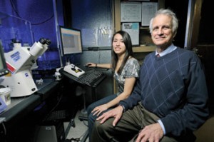 Top: SyBBURE Searle Director Kevin Seale, left, and rising senior Jake Brady study leukocytes from trauma patients using a computer-controlled and automated Nikon microscope funded by D. Gideon Searle last year; bottom: Katherine Roth with Professor John Wikswo. The rising senior plans a career in immunology.