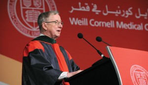 Dr. Tony Gotto, Stephen and Suzanne Weiss Dean at Weill Cornell Medical College, speaks at commencement in Qatar in 2011.