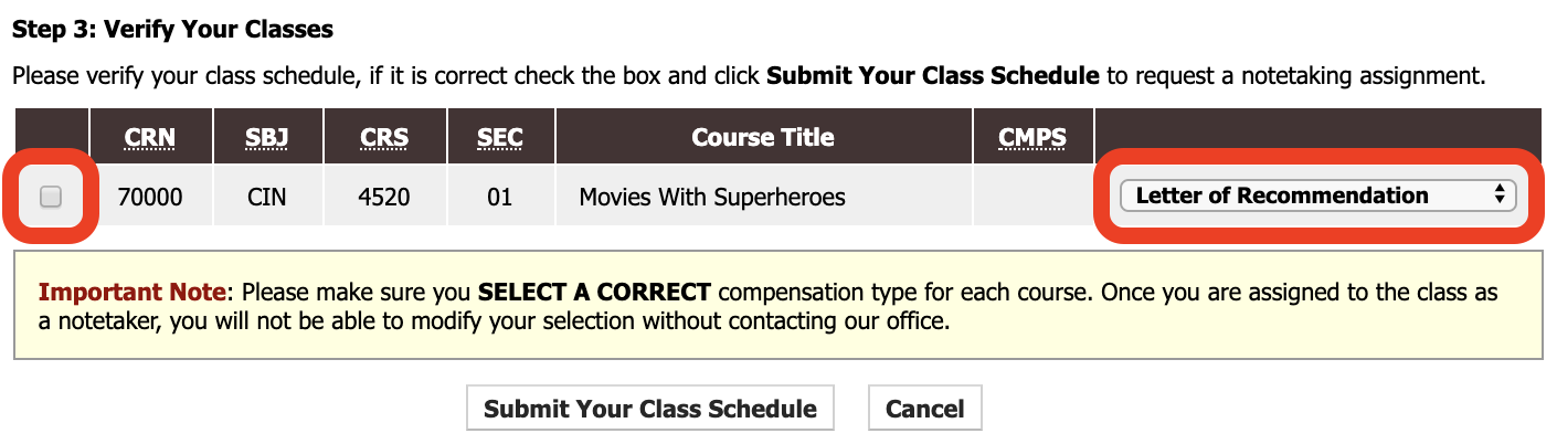 Step 3, verify your classes. checkbox for the class is highlighted and letter of recommendation is chosen for compensation method