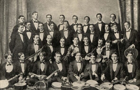Group portrait of the members of the Banjo, Mandolin and Glee clubs, circa 1895.