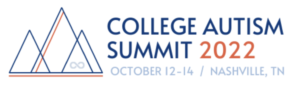 A rectangular image showing the College Autism Summit 2022 logo. On the left are three overlapping triangles, all arranged in a line so that they look like peaks of a mountain. The left and right triangles are almost the same size, with the middle triangle much taller and overlapping the right triangle more than the left, so that it is offset. The outlines of the triangles are blue, with no color within them. There is also an orange line drawn along the bottom off all the triangles, and the infinity symbol appears in the intersection of the middle and right triangle. The middle triangle is the tallest and also has an orange line accompanying its left hand side. Text to the right-and side of the triangles reads 'College Autism' in navy blue on the top line and 'Summit 2022' on the bottom line, were summit is in navy blue and 2022 is orange. Underneath this text is the date and location of the event, in grey, reading 'October 12-14 / Nashville, TN'. 