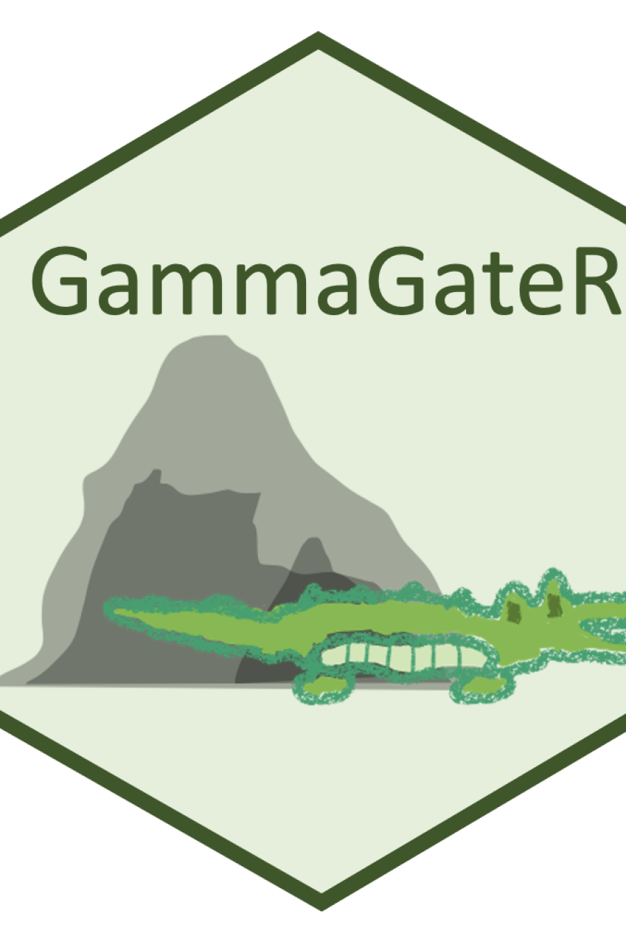 Hex sticker for GammaGateR, with a cartoon alligator in front of grey histograms