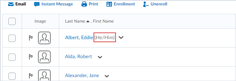 classlist page showing pronouns listed in parenthesis beside a user's name