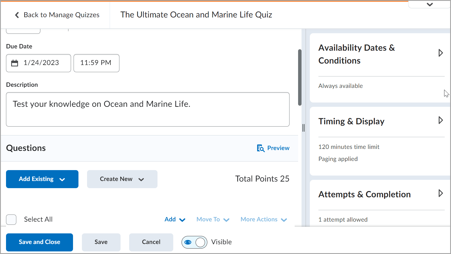 Animated GIF that shows how to make start and end dates for quizzes now appear in the course calendar