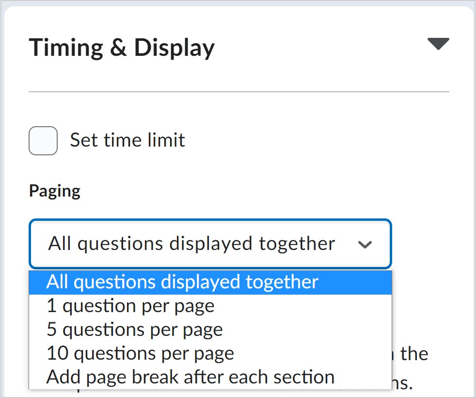 Image shows additional options for Paging for a quiz that adds options for 5 or 10 questions per page
