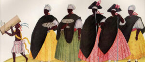 Drawing of historical dark-skinned women with black tunics overing white shirts and pastel colored skirts