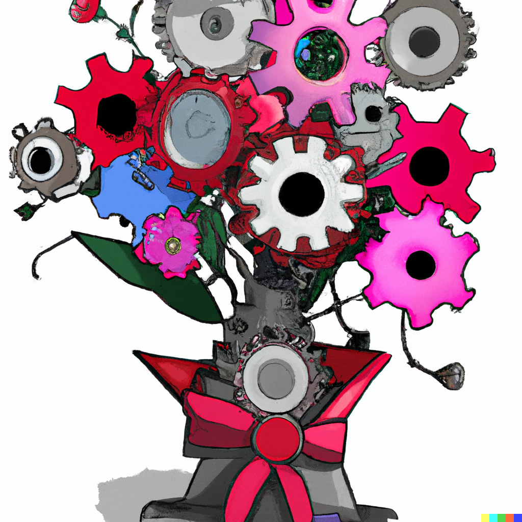 DALL·E 20230210 10.21.34 a cartoon bouquet of flowers made of gears
