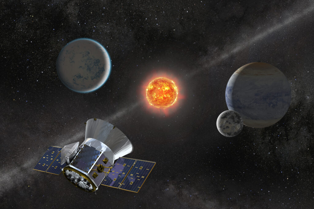 Artist concept of TESS observing an M dwarf star with orbiting planets. (NASA's Goddard Space Flight Center)