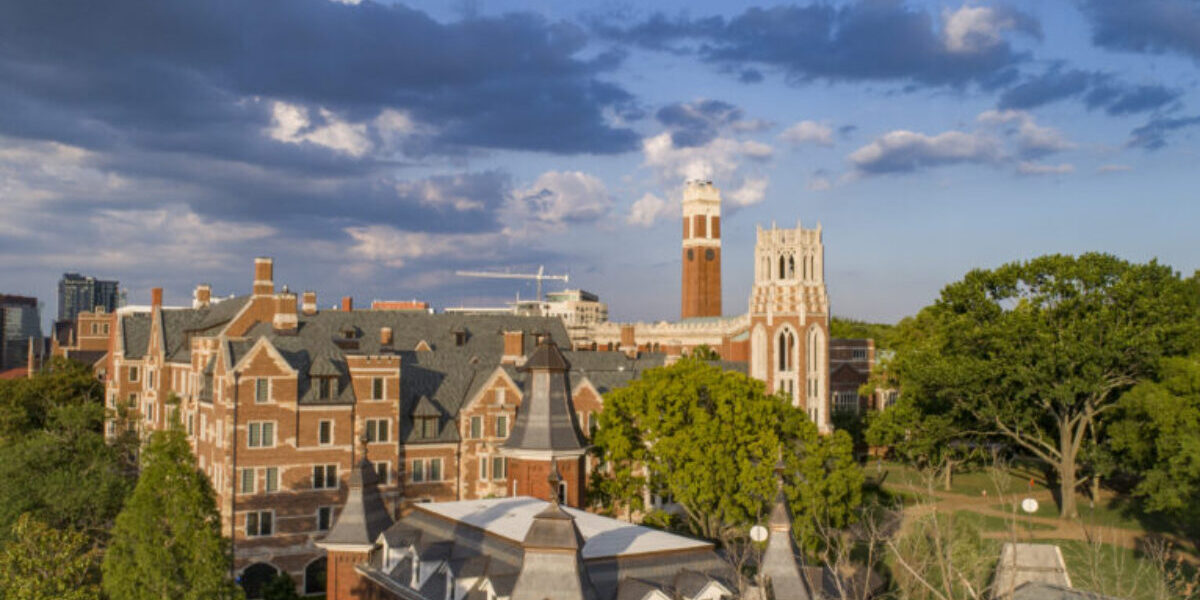 Aerial drone views of Main Campus including EBI,  Alumni Halland Kirkland Hall.