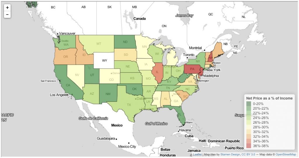 Doyle's interactive map shows the percentage of income needed to attend college in every county in the U.S.