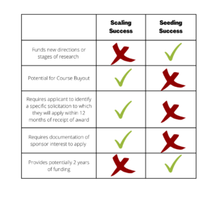 This chart is a visual representation of what things Seeding and Scaling Success grants cover. 