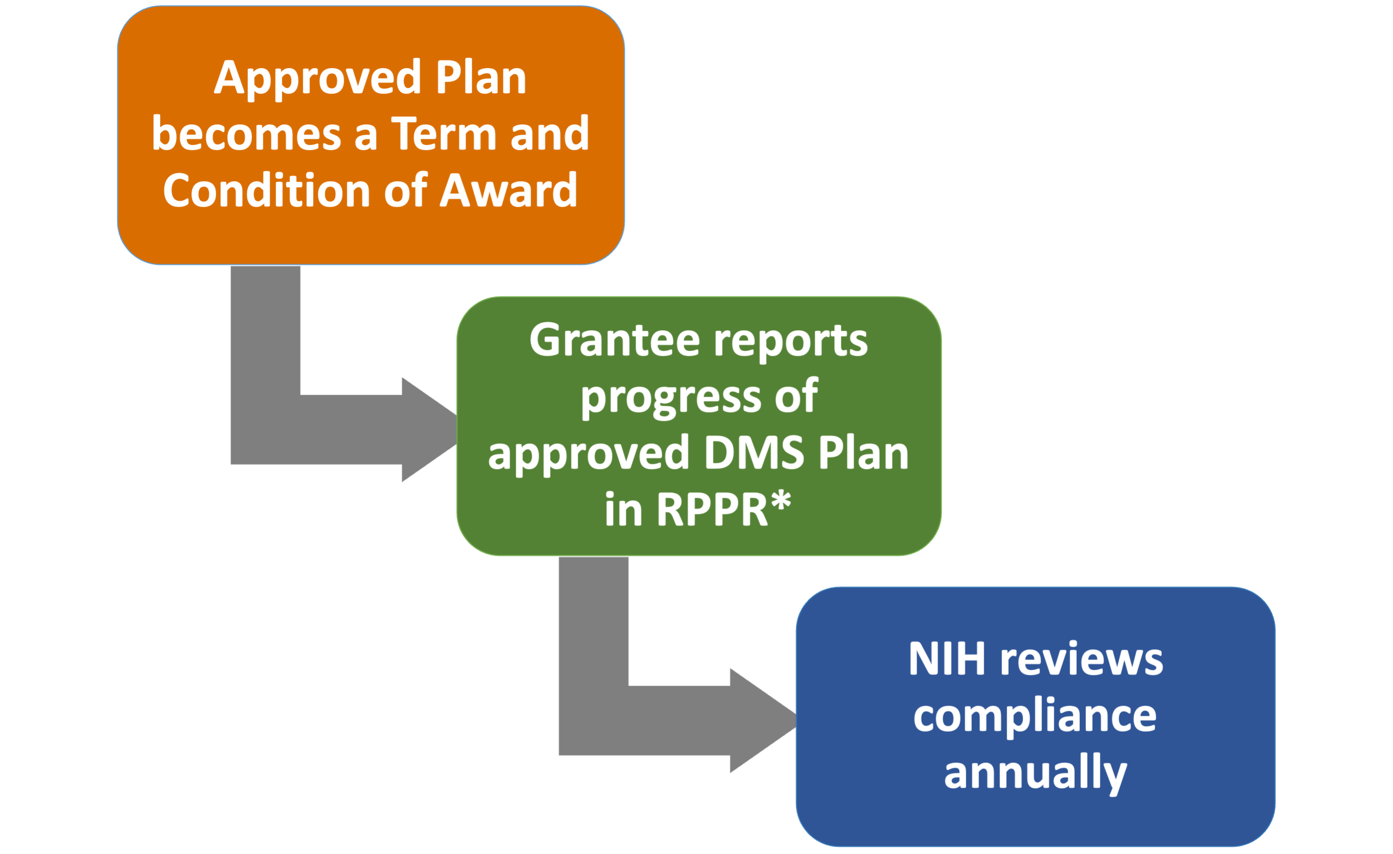 Approved Plan becomes a Term and Condition of Award; Grantee reports progress in Research Performance Progress Report; NIH reviews compliance annually