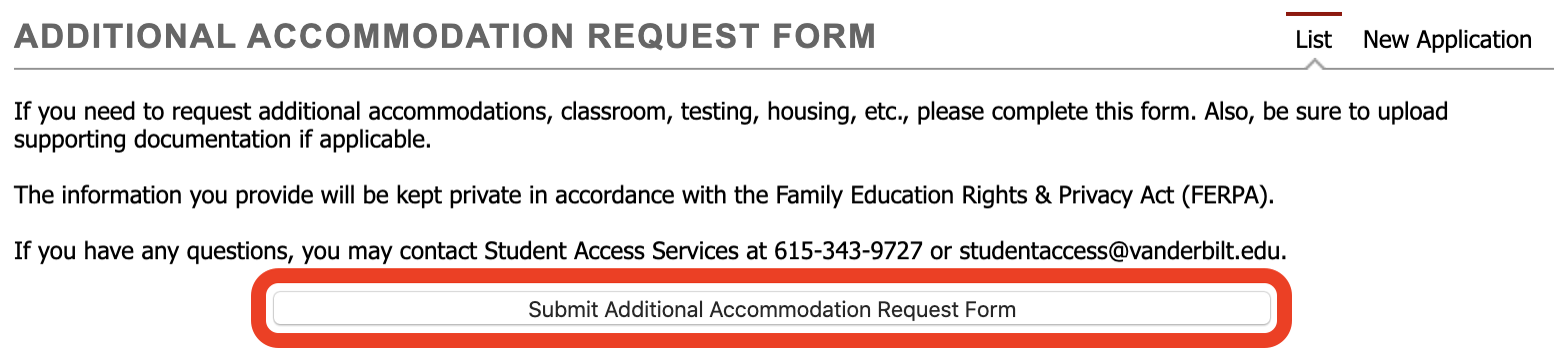 Submit button highlighted under the text that says if you need to request additional accommodations...