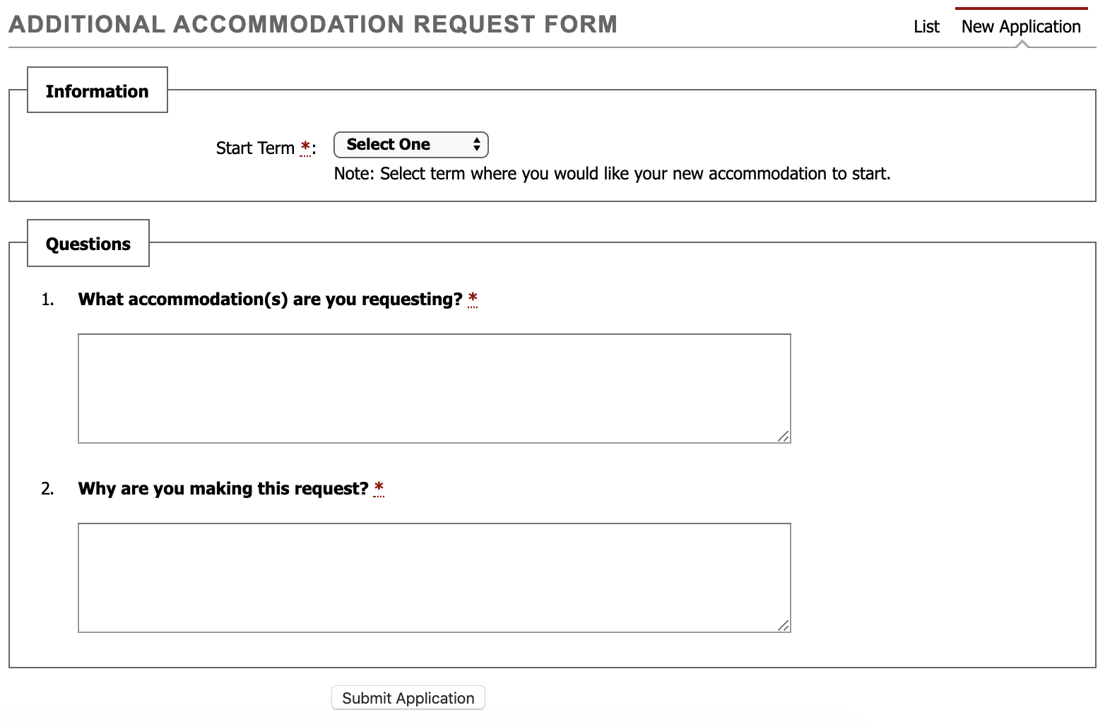 information fields for additional accommodation request form