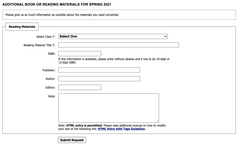 additional book or reading materials request form