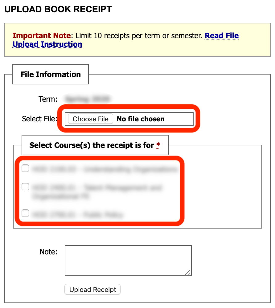 screenshot of upload book receipt with choose file button and checkboxes for each course
