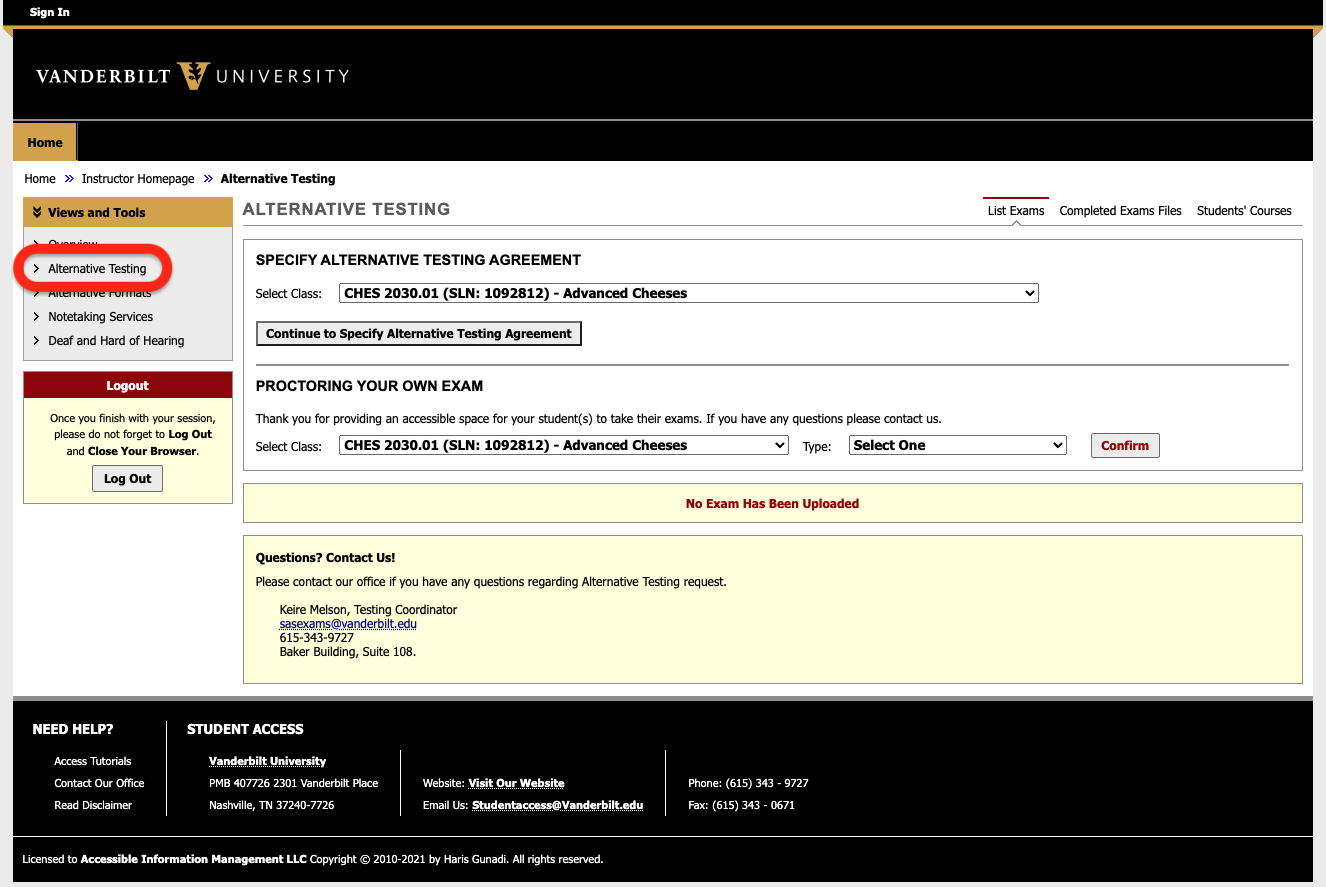 screenshot of portal with alternative testing link highlighted