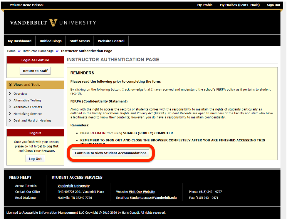 first page of the portal with continue to view student accommodations button highlighted