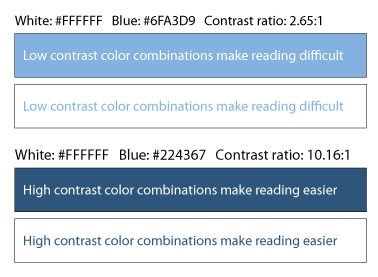first example is light blue contrasted with white and a contrast value of 2.65 to 1; the second example is a dark blue contrasted with white and a contrast value of 10.16 to 1