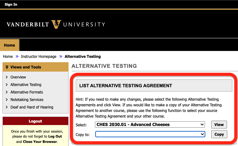 screenshot of portal with list alternative testing agreement section highlighted, CHES 2030 in the copy from box and no course chosen in the copy to box
