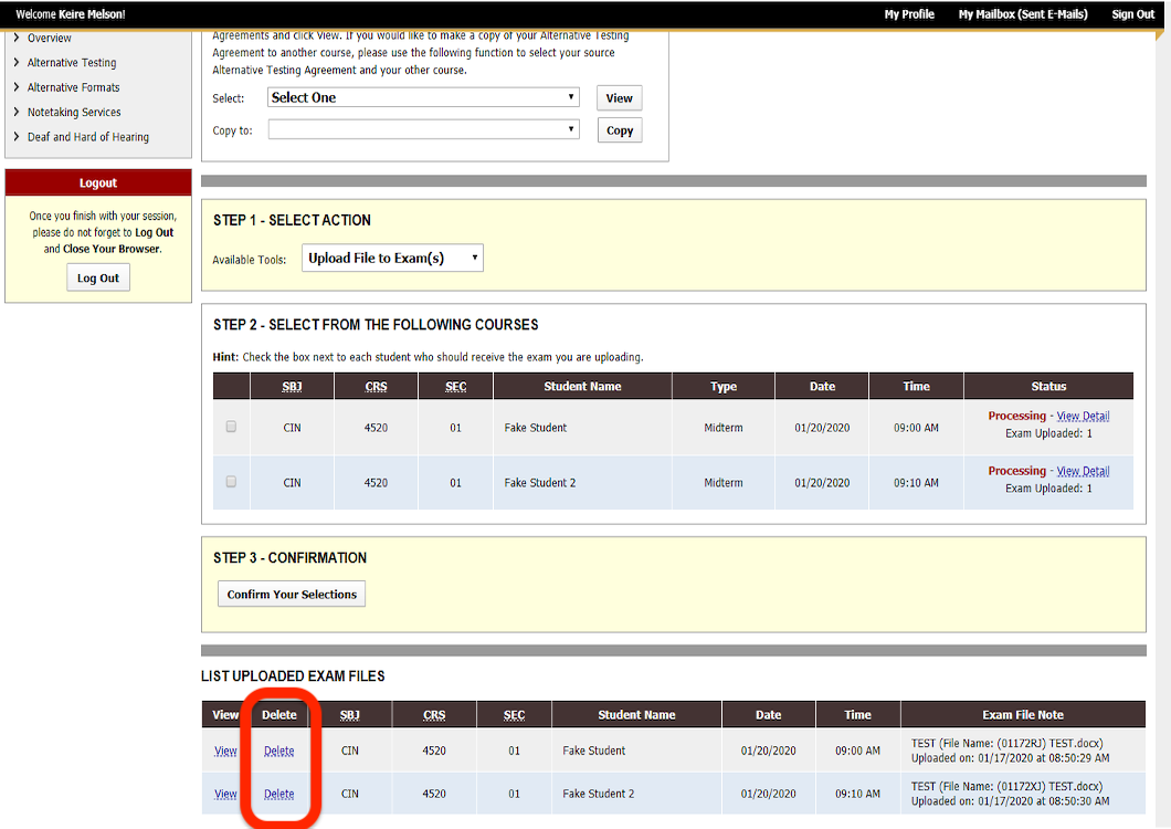 screenshot of the portal with the delete links highlighted under the heading list uploaded exam files