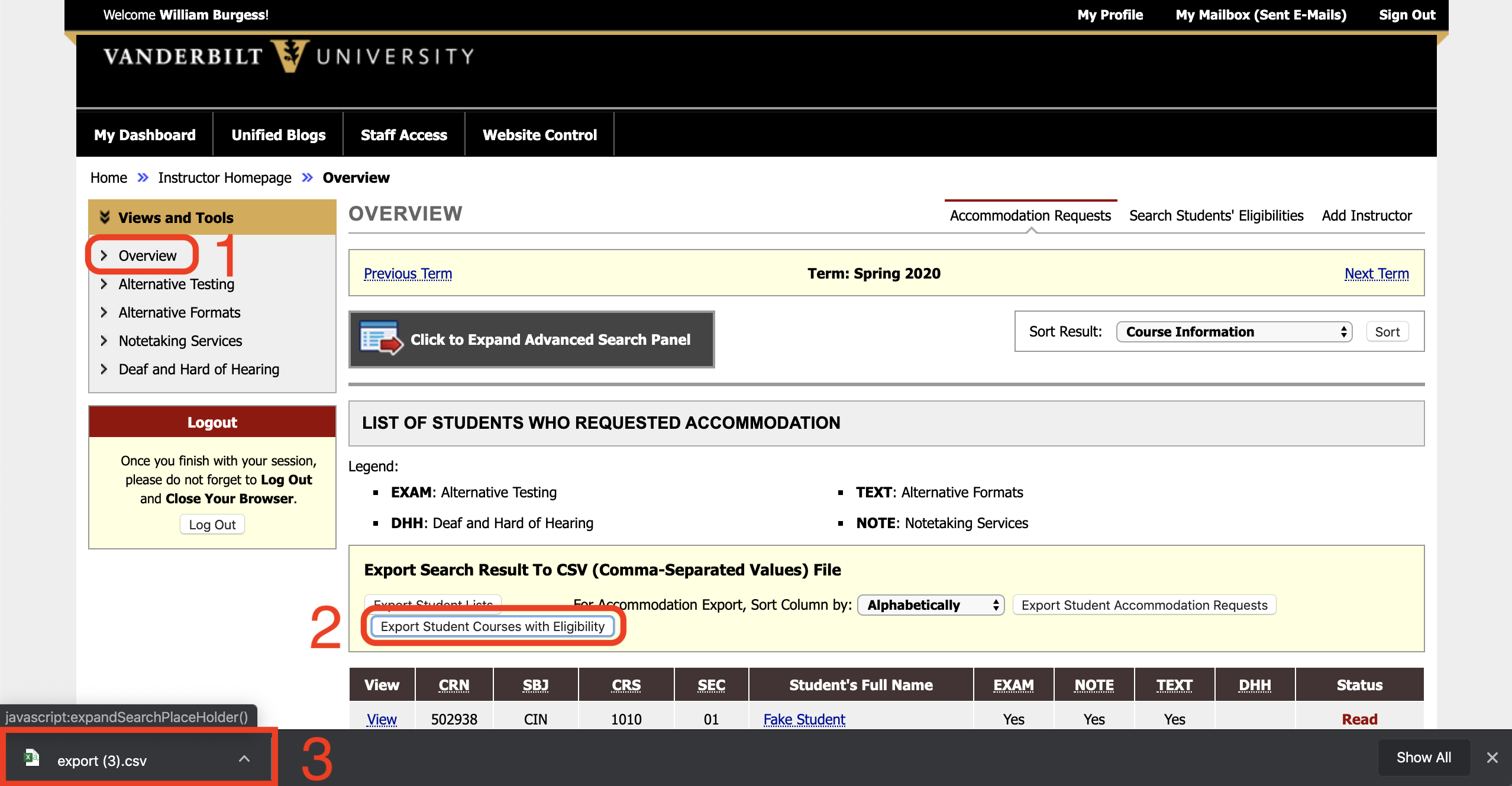 screenshot of overview page in commodore access portal with a 1 beside the Overview link, a 2 beside the Export Student Courses with Eligibility button and a 3 beside the downloaded CSV file