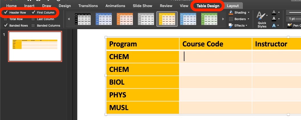 screenshot of powerpoint table design tab with header row and first column checked
