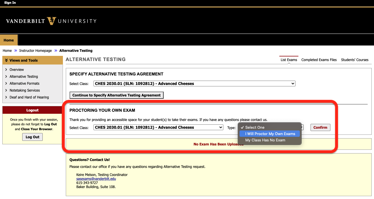 screenshot of portal with proctoring your own exam choices shown, I will proctor my own exams is highlighted
