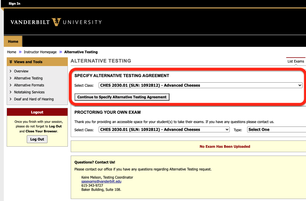 screenshot of portal with specify testing agreement section highlighted