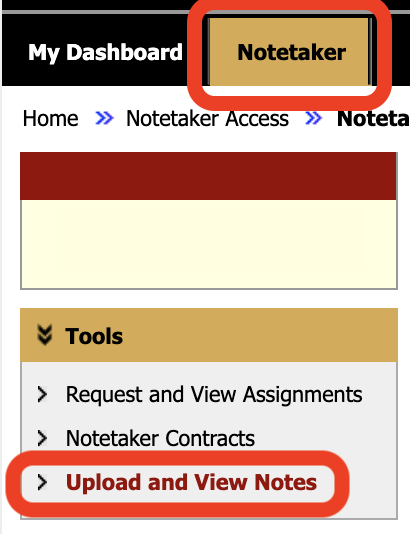 Notetaker tab highlighted and Upload and View Notes link highlighted