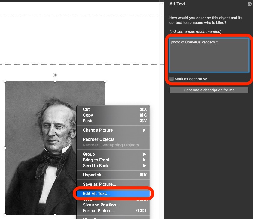 PowerPoint interface with edit alt text highlighted in the right click context menu. a description is typed in the alt text field stating photo of cornelius vanderbilt.