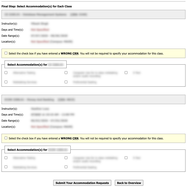 screenshot - select accommodations for each class with checkboxes for specific accommodations in each class and a button labeled submit your accommodation requests