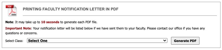 screenshot of printing faculty notification letters in PDF area on overview screen of commodore access portal