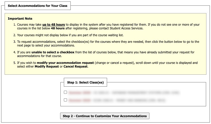screenshot - select accommodations for your class with checkboxes for each course and a button labeled Step 2 - Continue to customize your accommodations