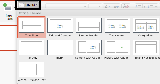 PowerPoint Home tab, Layouts button highlighted