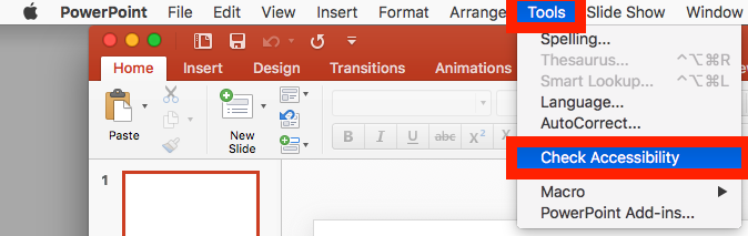 PowerPoint for Mac, Tools menu selected, Check Accessibility option highlighted