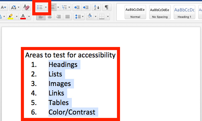  bullet list button highlighted, along with a list of 6 items
