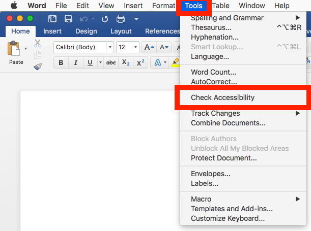 Word for Mac, Tools menu selected, Check Accessibility option highlighted