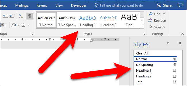 Word window with arrows pointing to the Styles pane and Styles area in the Home tab
