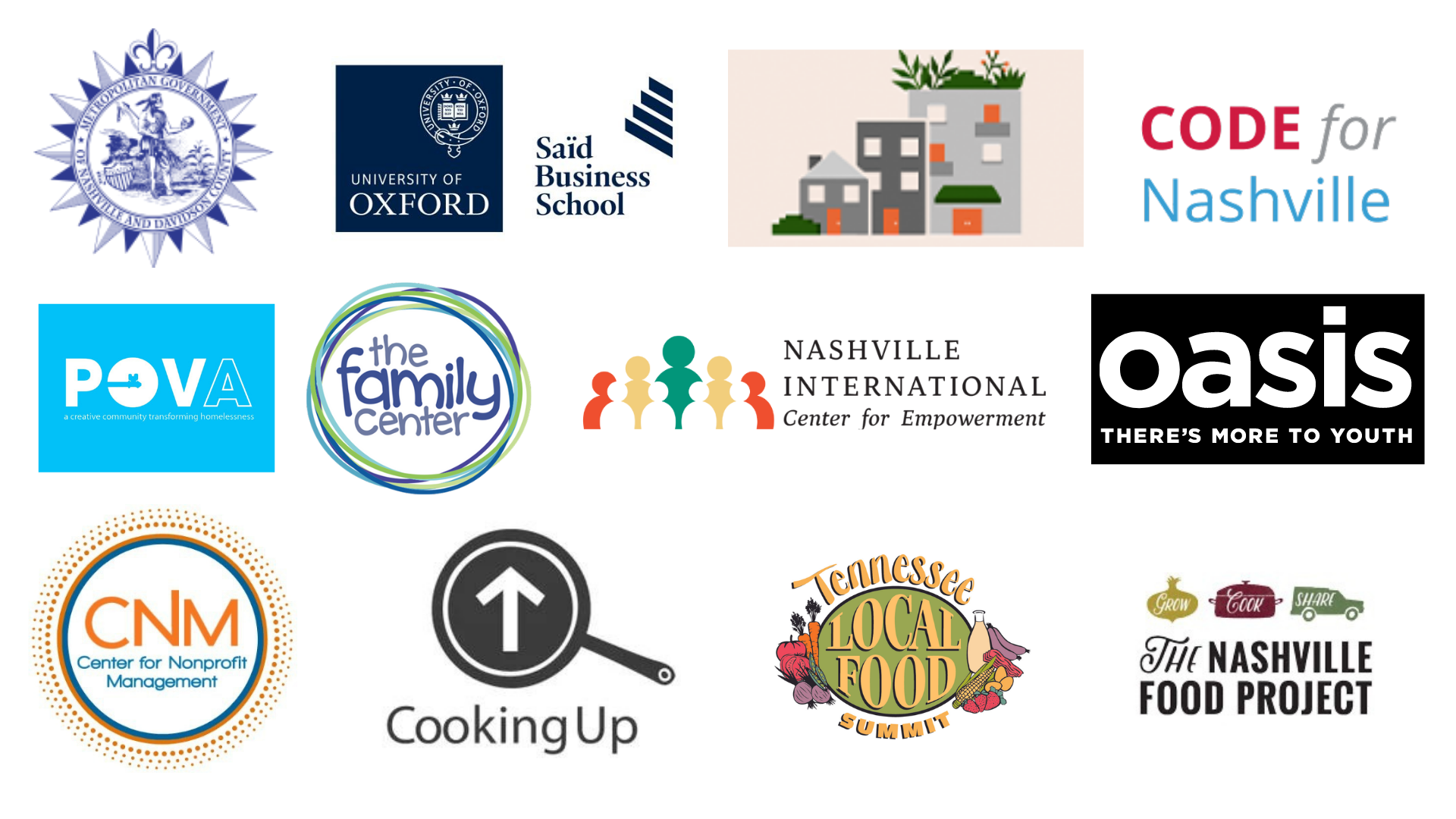 Logos: Cooper Davidson Seal, University of Oxford, Said Business School, Nashville Upcycle, Code for Nashville, POVA, the Family Center, Nashville International Center for Empowerment, OASIS, Center for Nonprofit Management, Cooking Up, TN Local Food Summit, The Nashville Food Project