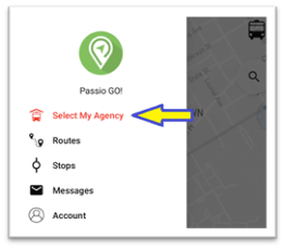 Screenshot of passiogo, with "select my agency" highlighted