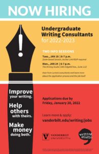 A colorful poster calling for undergraduate writing consultant applications by February 5, 2021, and promoting two info sessions prior to that date that students can learn more about on the Writing Studio website.