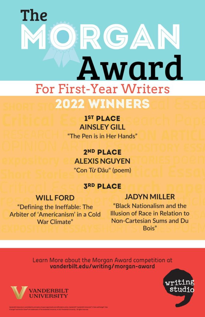The colorful image displays the 2022 Morgan Award 1st, 2nd, and 3rd place winners' names and the titles of their winning submissions.