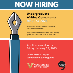 This flyer image encourages students to apply for undergraduate writing consultant positions for 2023-2024.