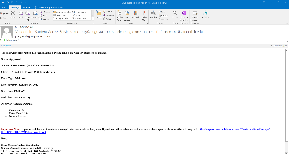 screenshot of Outlook inbox with exam notification email