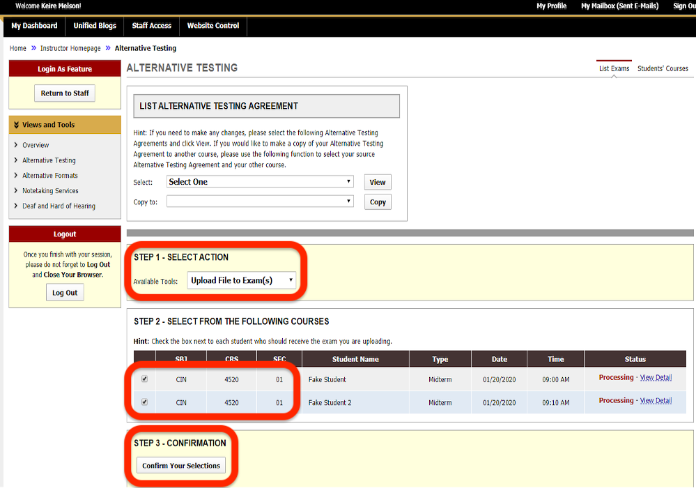 screenshot of the portal with step 1 dropdown set to upload file to exam, step 2 has checkboxes checked for all students in a similar course, and step 3 has confirm your selections button highlighted